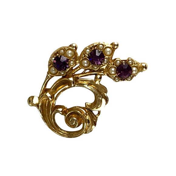 Vintage Gold Tone Brooch Purple Rhinestones Faux Pearls Leaf Design - Picture 3 of 8